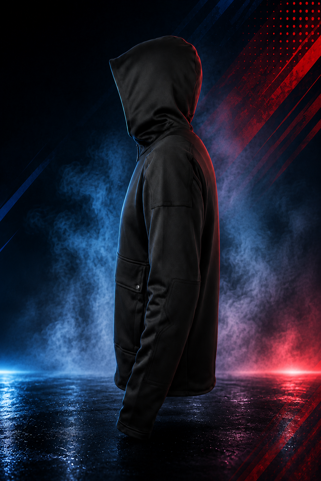 Side view of the Motovational armoured motorcycle hoodie in jet black with the hood up