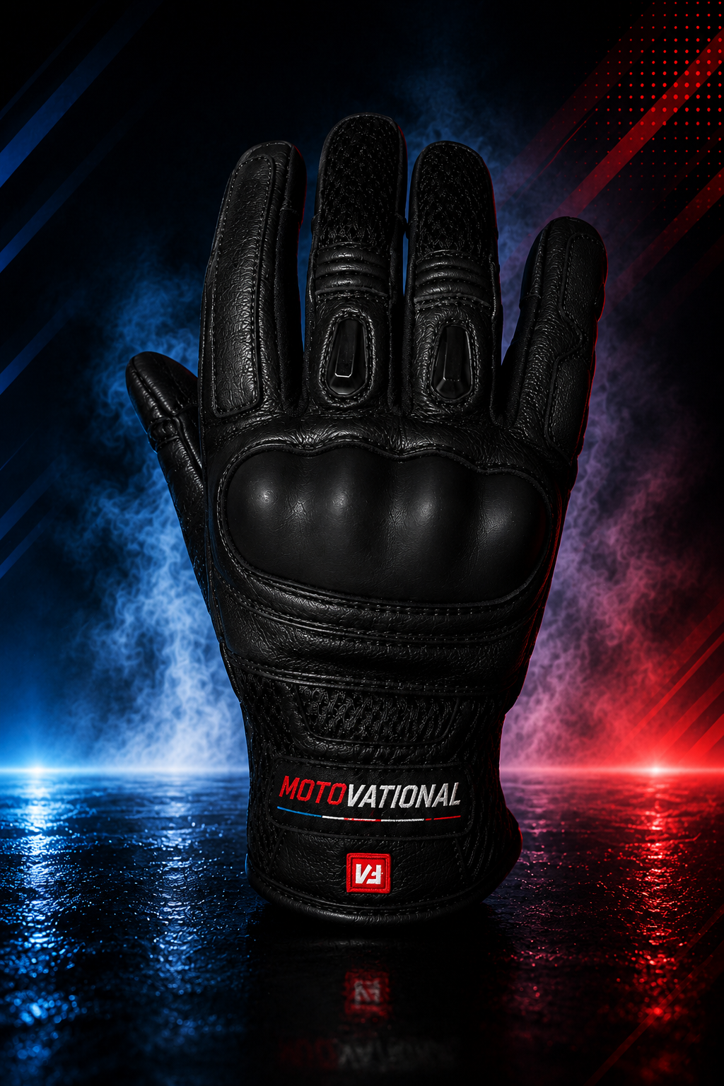 Back of a single black Motovational armoured leather motorcycle glove showing moulded knuckle armour and perforated fingers