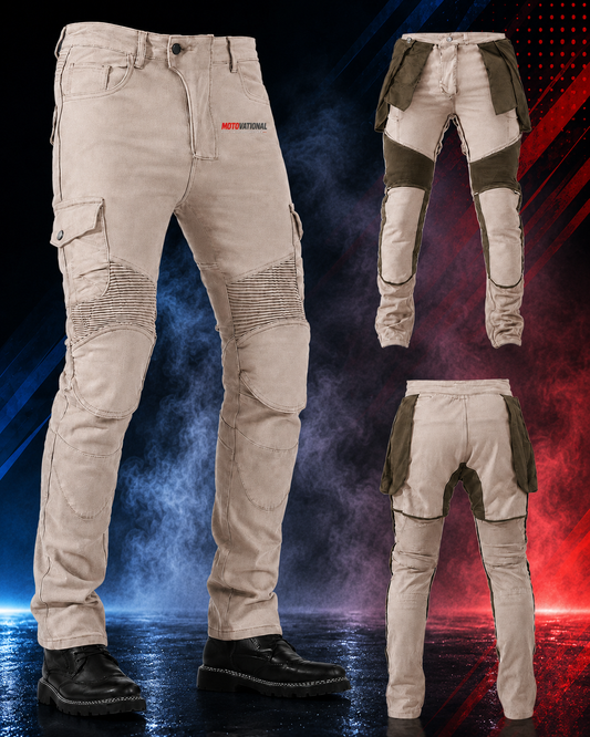 Motovational reinforced armoured cargo pants in sand: front view beside inside-out views showing hip and knee armour pockets