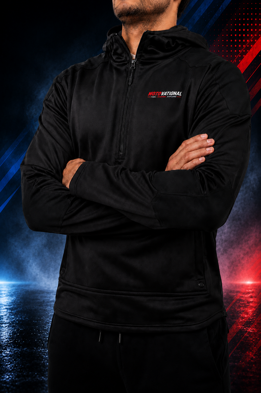 Man wearing the MOTOVATIONAL™ Jet Black armoured motorcycle hoodie
