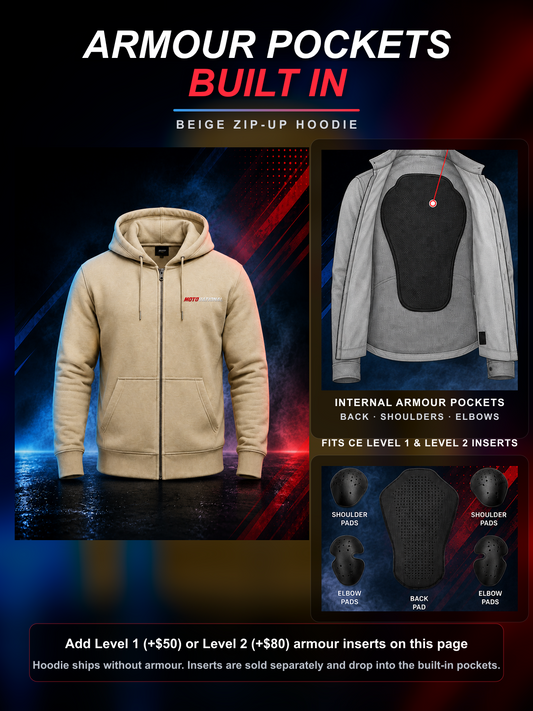 Beige Motovational zip-up hoodie: internal armour pockets at the back, shoulders and elbows fit CE Level 1 and Level 2 inserts (sold separately)