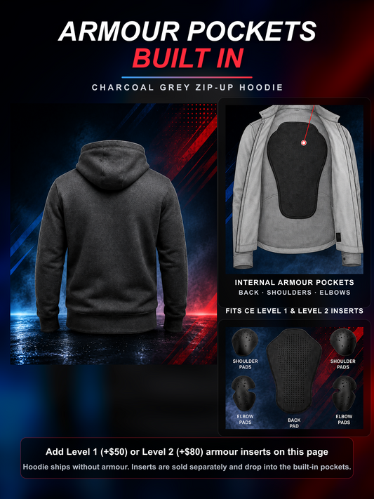 Charcoal Grey Motovational zip-up hoodie: internal armour pockets at the back, shoulders and elbows fit CE Level 1 and Level 2 inserts (sold separately)