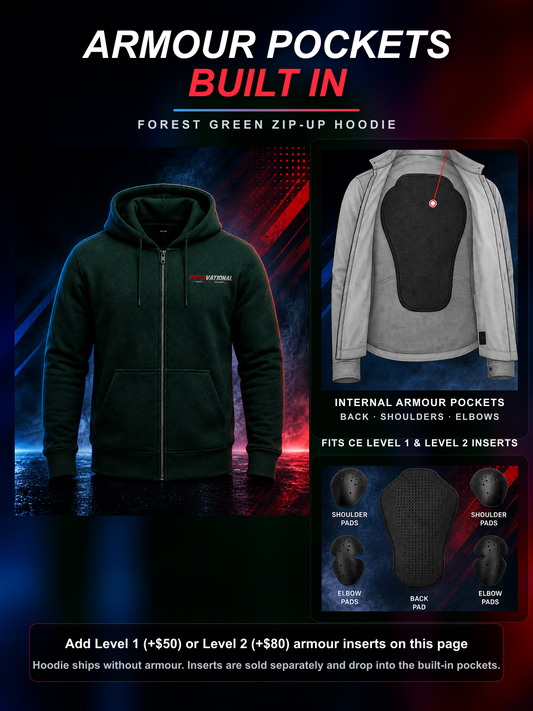 Forest Green Motovational zip-up hoodie: internal armour pockets at the back, shoulders and elbows fit CE Level 1 and Level 2 inserts (sold separately)