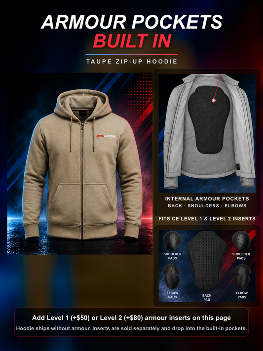 Taupe Motovational zip-up hoodie: internal armour pockets at the back, shoulders and elbows fit CE Level 1 and Level 2 inserts (sold separately)