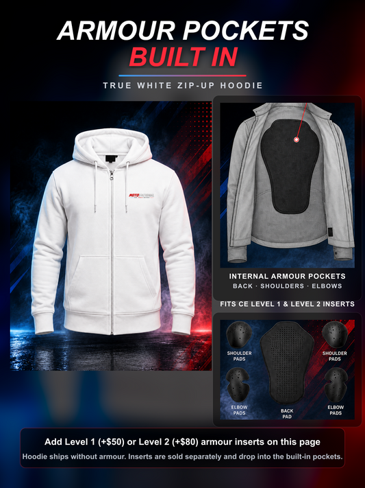 True White Motovational zip-up hoodie: internal armour pockets at the back, shoulders and elbows fit CE Level 1 and Level 2 inserts (sold separately)