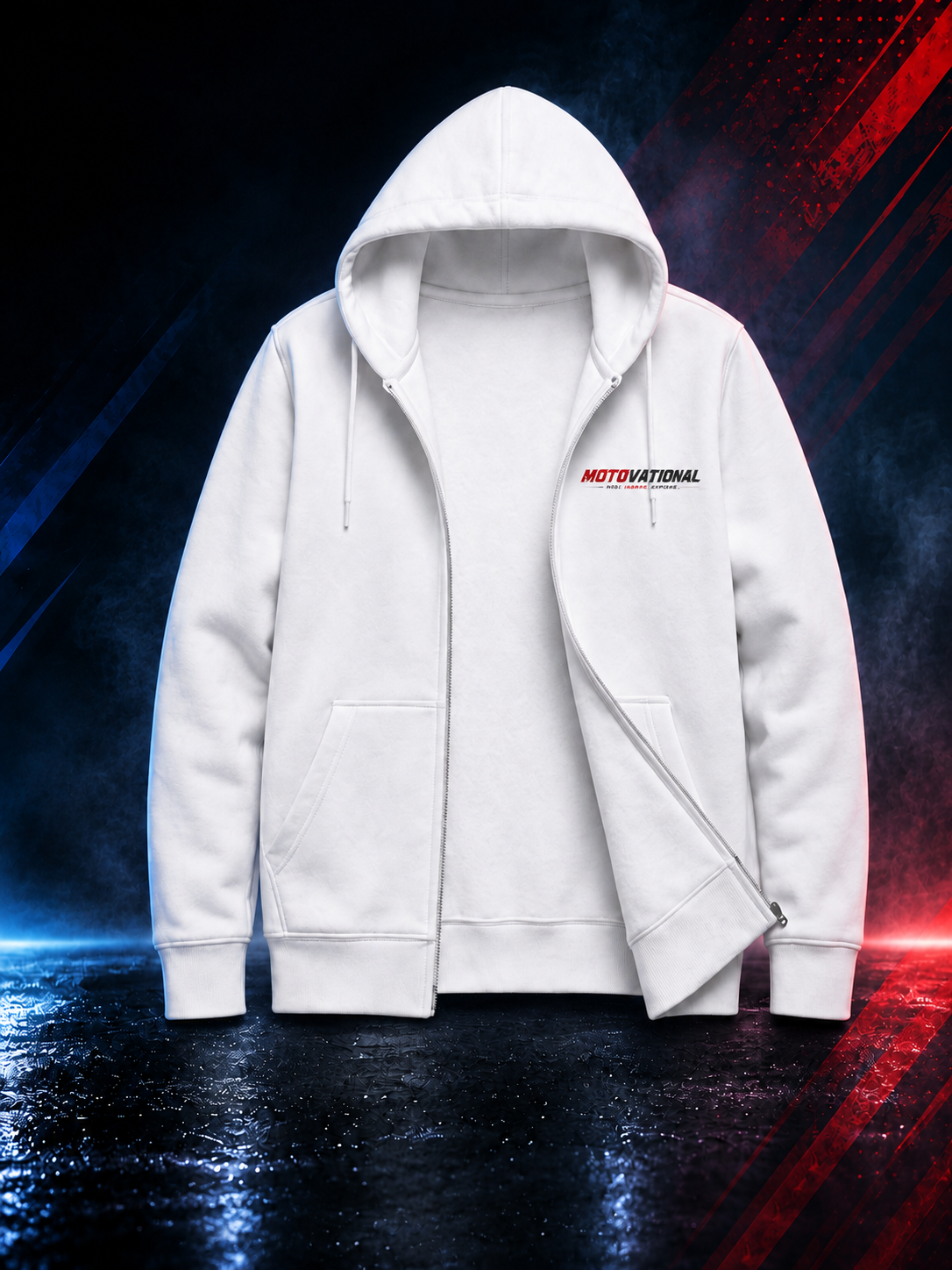 Front view of the Motovational zip-up hoodie in True White, unzipped to show the inner lining, hood down