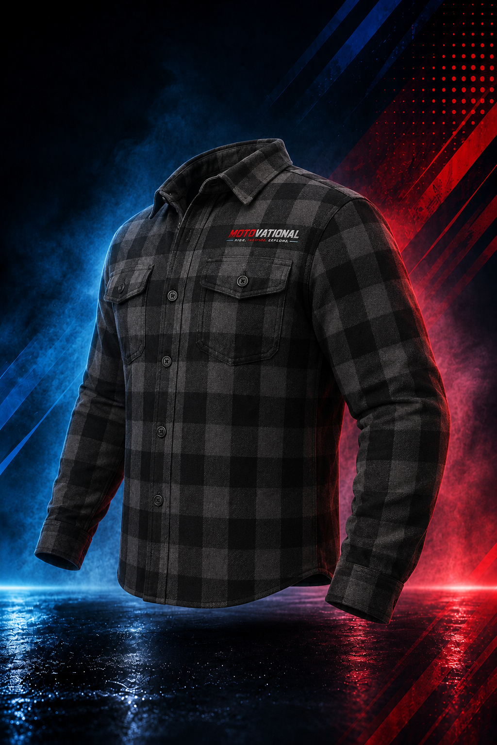 Front three-quarter view of the Motovational Kevlar-lined grey-black check flannel shirt, buttoned, with chest logo