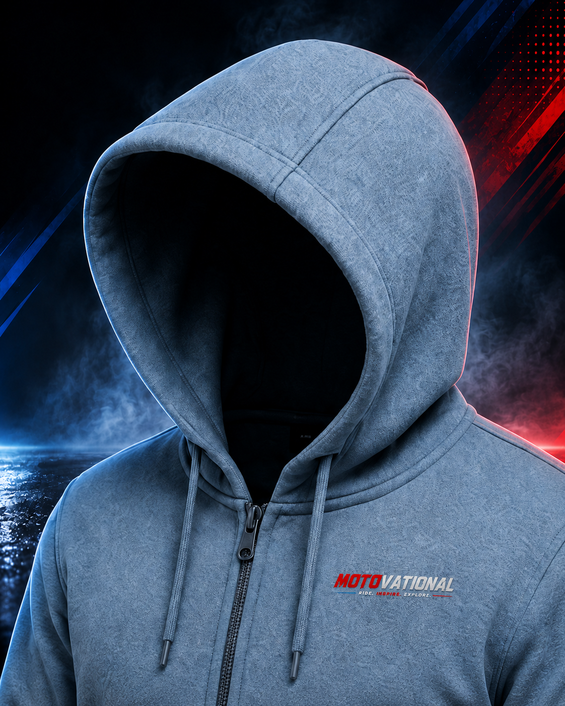 Close-up of the Motovational zip-up hoodie in Steel Blue with the hood up, showing drawstrings, zip and chest logo