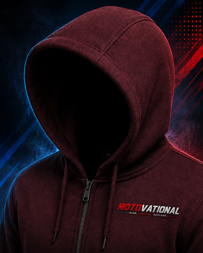 Close-up of the Motovational zip-up hoodie in Burgundy with the hood up, showing drawstrings, zip and chest logo