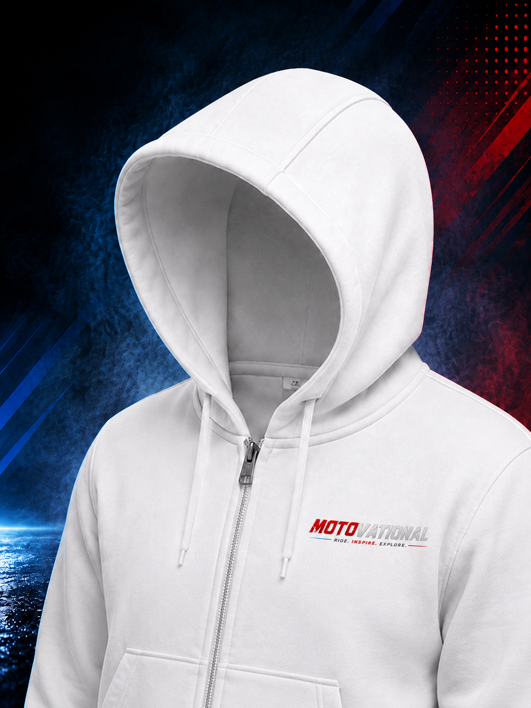 Close-up of the Motovational zip-up hoodie in True White with the hood up, showing drawstrings, zip and chest logo