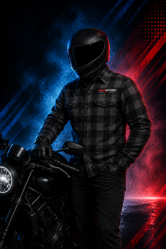 Rider in a black full-face helmet wearing the Motovational Kevlar-lined grey-black flannel shirt beside a motorcycle
