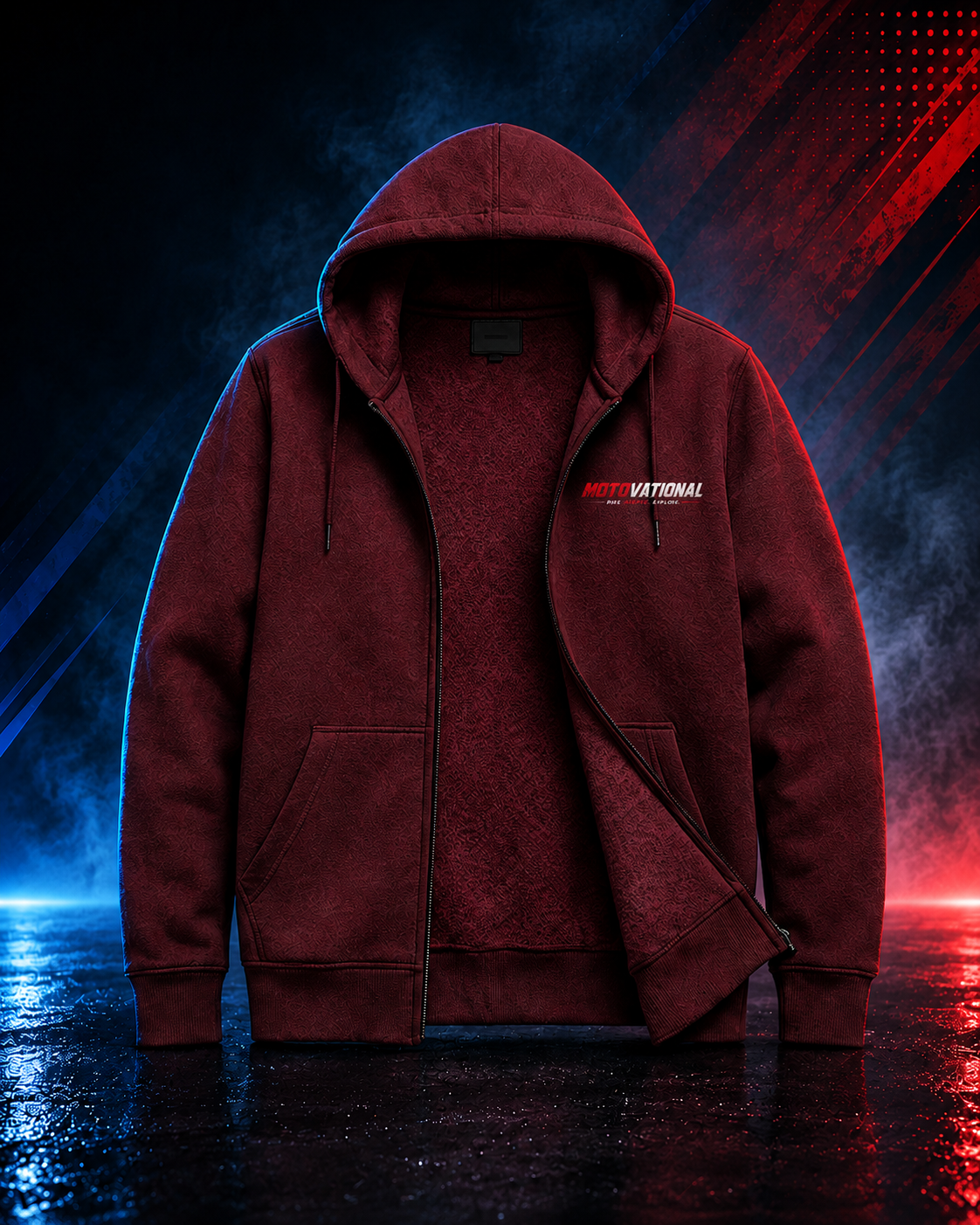 Front view of the Motovational zip-up hoodie in Burgundy, unzipped to show the inner lining, hood down