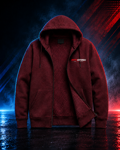 Front view of the Motovational zip-up hoodie in Burgundy, unzipped to show the inner lining, hood down
