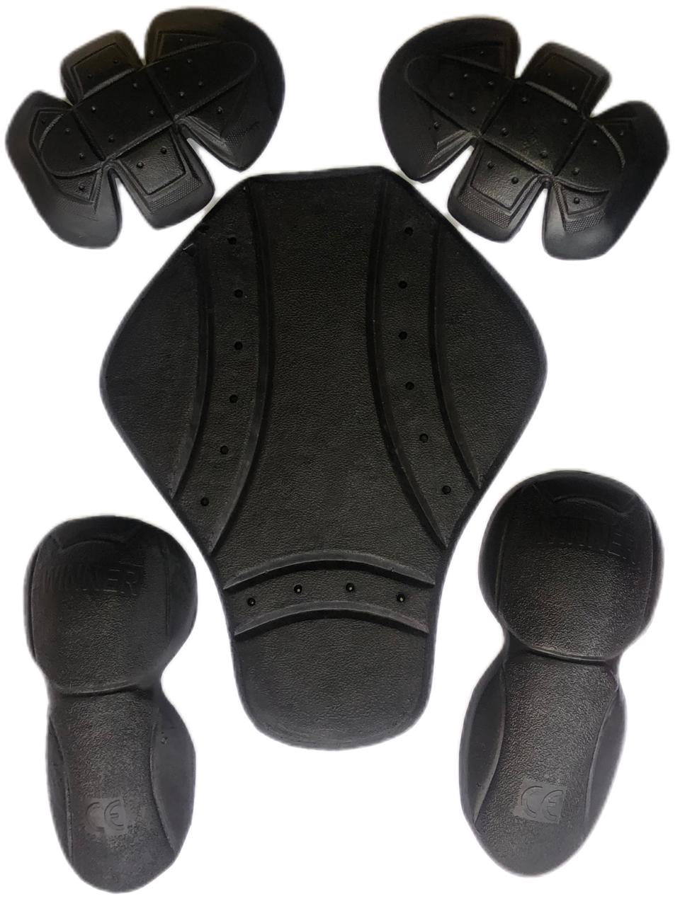 Motovational CE Level 1 armour set laid flat: black back protector with two shoulder and two elbow inserts