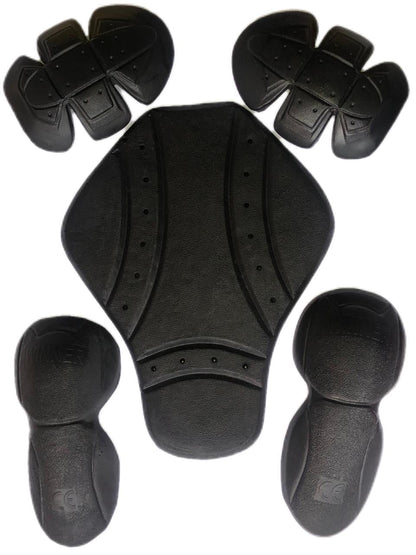 Motovational CE Level 1 armour set laid flat: black back protector with two shoulder and two elbow inserts