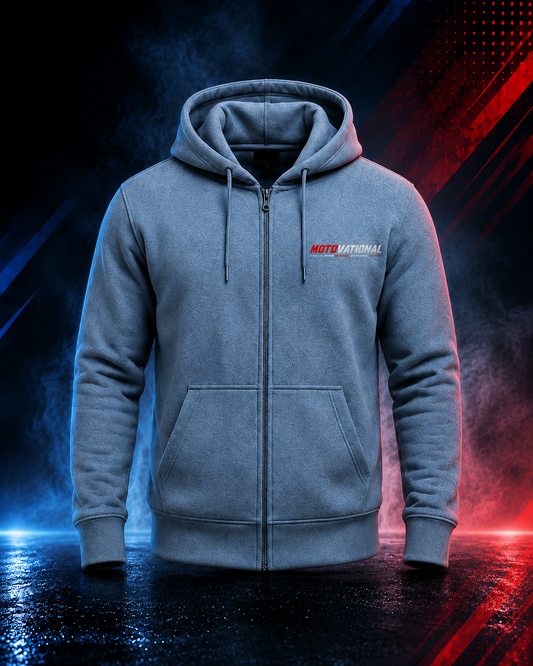 Front view of the Motovational zip-up hoodie in Steel Blue, zipped, hood down, with chest logo and two front pockets