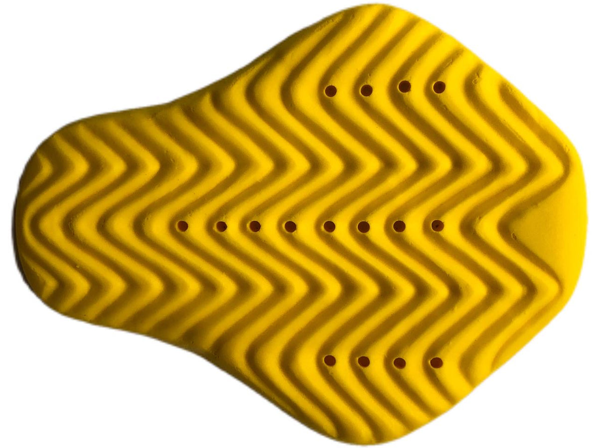 Close-up of the yellow ridged Level 2 back protector with ventilation holes from the Motovational Scorpion armour set