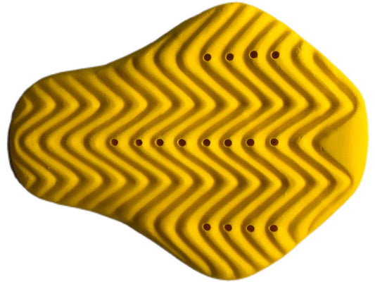 Close-up of the yellow ridged Level 2 back protector with ventilation holes from the Motovational Scorpion armour set