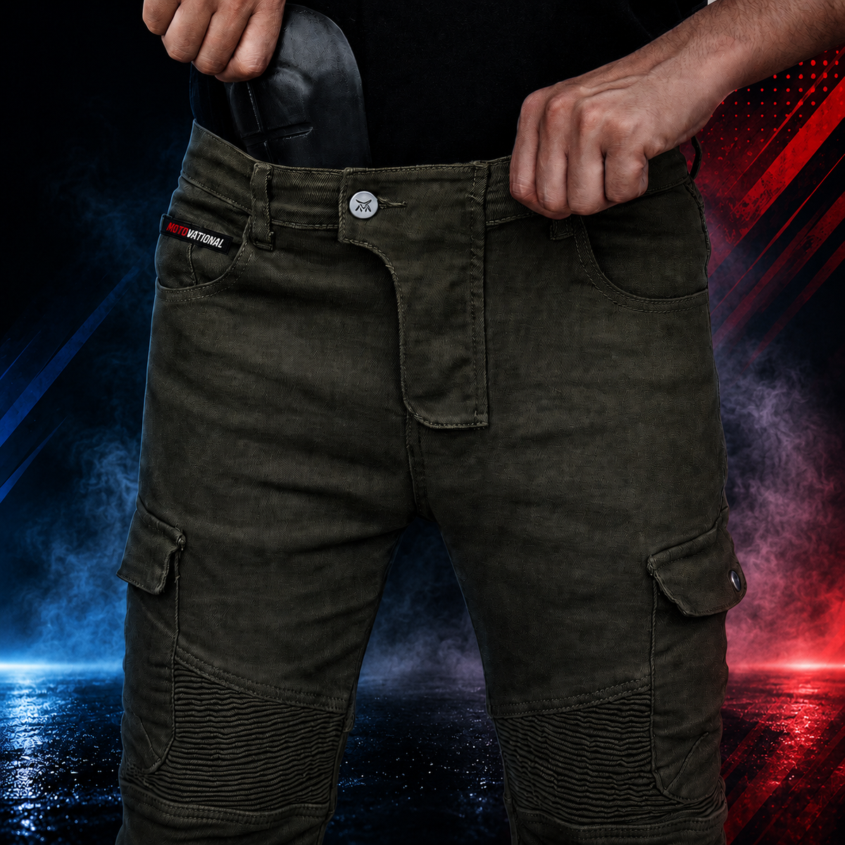 Waistband, fly and thigh cargo pocket close-up of the Motovational armoured cargo pants in olive green, worn by a rider