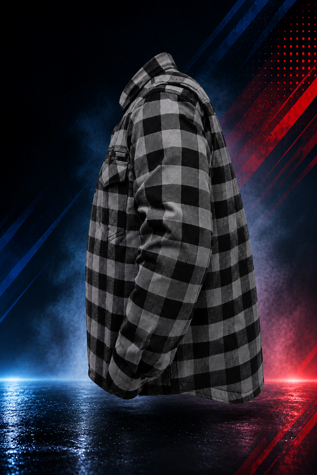 Side view of the Motovational Kevlar-lined grey-black check flannel shirt showing the sleeve and shoulder