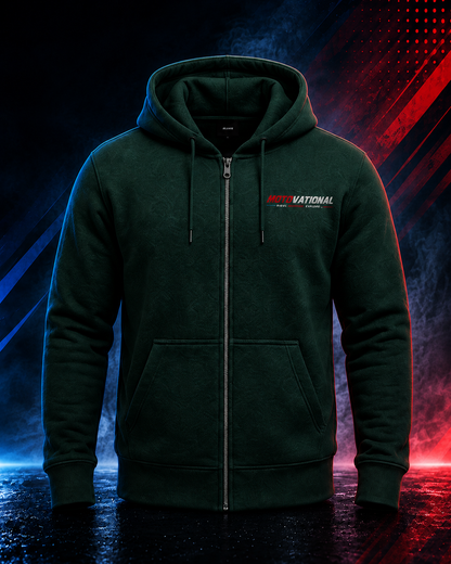 Front view of the Motovational zip-up hoodie in Forest Green, zipped, hood down, with chest logo and two front pockets