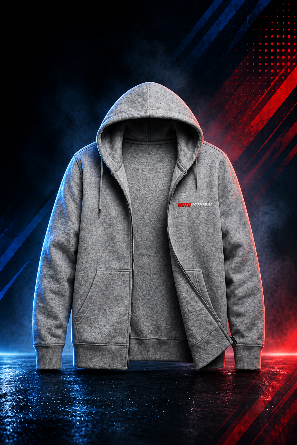 Front view of the Motovational zip-up hoodie in Heather Grey, unzipped to show the inner lining, hood down