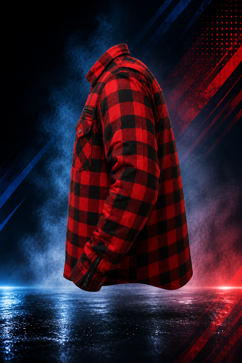 Side view of the Motovational Kevlar-lined red and black check flannel shirt showing the sleeve