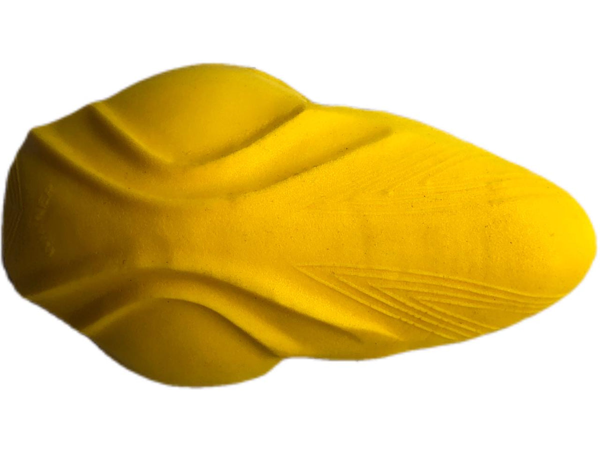 Side profile of a yellow contoured Motovational Scorpion Level 2 armour insert showing its raised moulded shape
