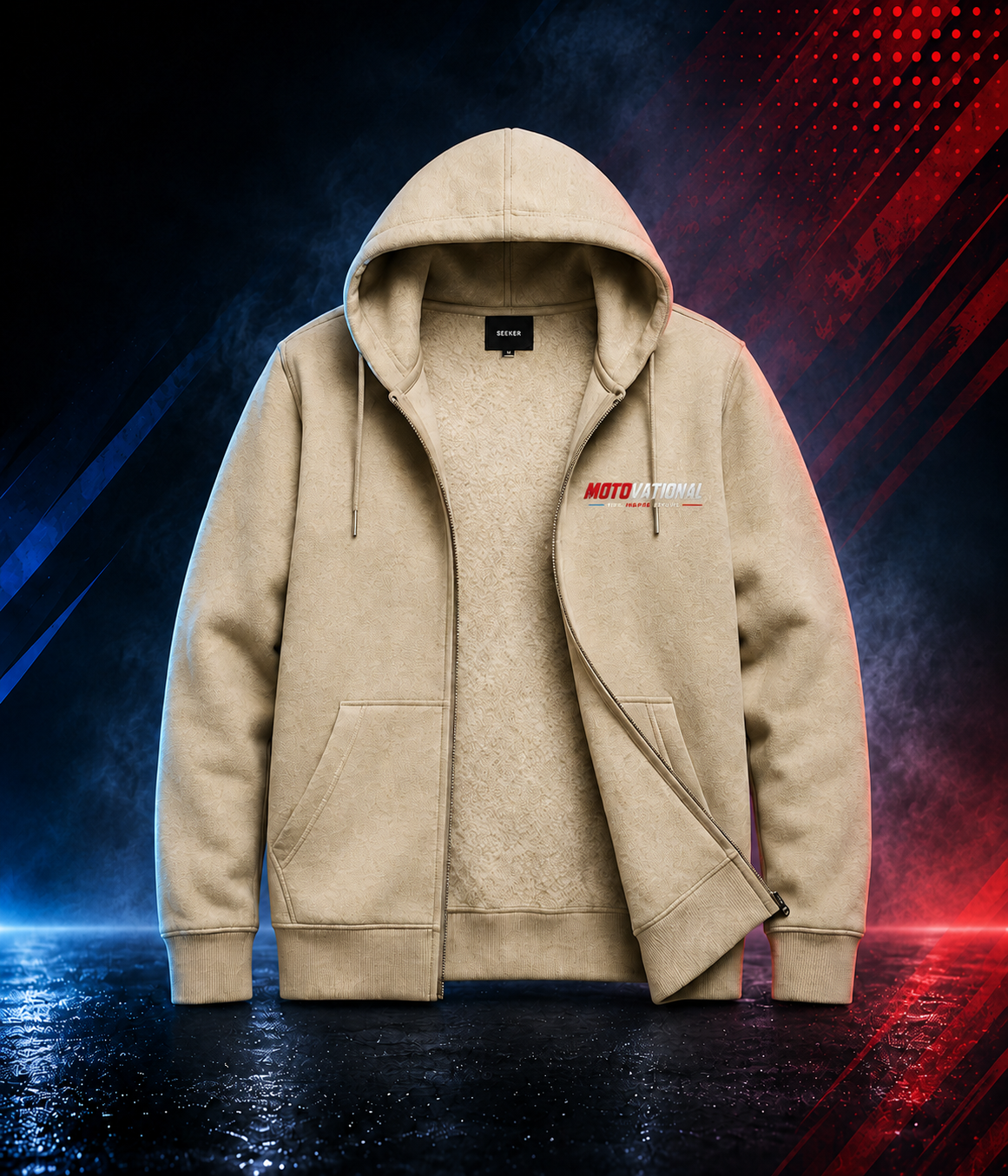 Front view of the Motovational zip-up hoodie in Beige, unzipped to show the inner lining, hood down