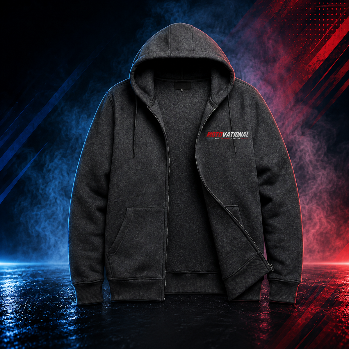 Front view of the Motovational zip-up hoodie in Charcoal Grey, unzipped to show the inner lining, hood down