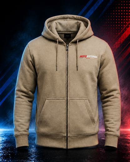 Front view of the Motovational zip-up hoodie in Taupe, zipped, hood down, with chest logo and two front pockets