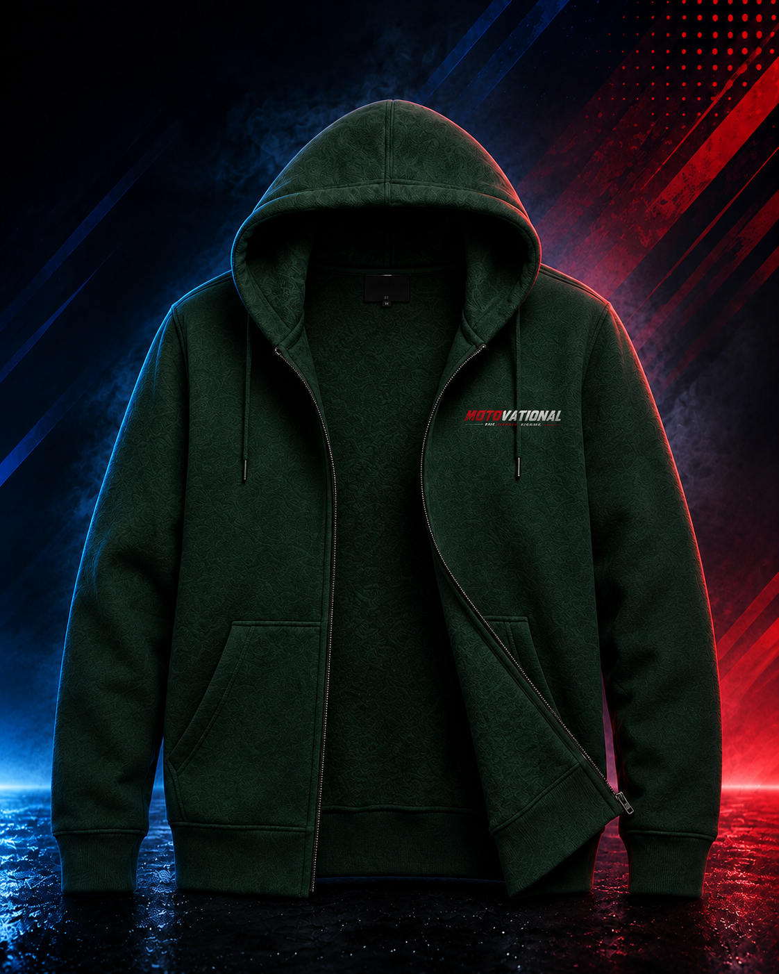 Front view of the Motovational zip-up hoodie in Forest Green, unzipped to show the inner lining, hood down