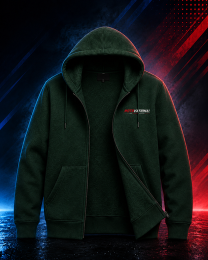 Front view of the Motovational zip-up hoodie in Forest Green, unzipped to show the inner lining, hood down