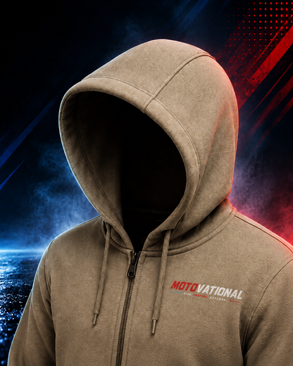 Close-up of the Motovational zip-up hoodie in Taupe with the hood up, showing drawstrings, zip and chest logo