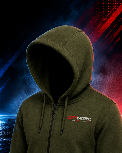 Close-up of the Motovational zip-up hoodie in Deep Olive with the hood up, showing drawstrings, zip and chest logo