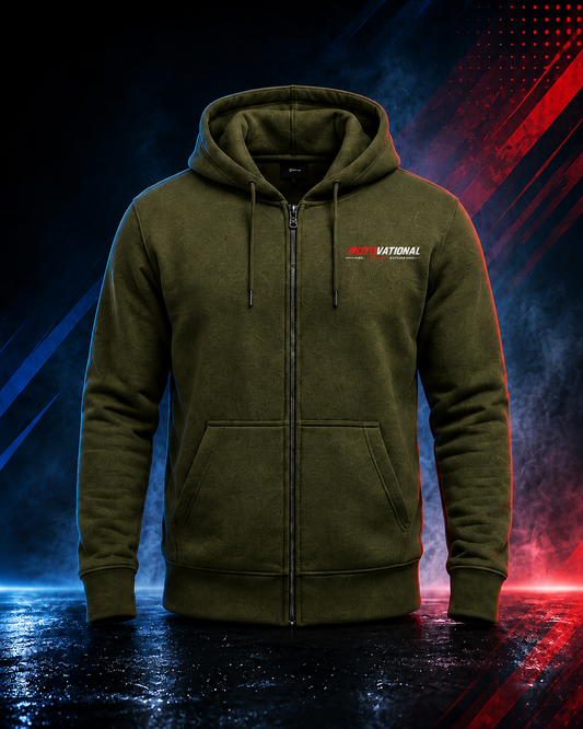 Front view of the Motovational zip-up hoodie in Deep Olive, zipped, hood down, with chest logo and two front pockets