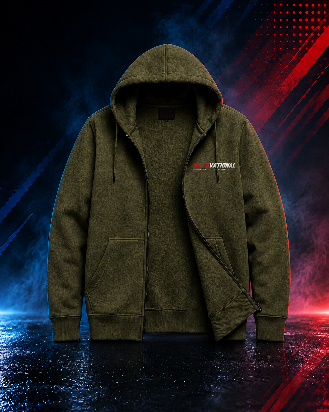 Front view of the Motovational zip-up hoodie in Deep Olive, unzipped to show the inner lining, hood down
