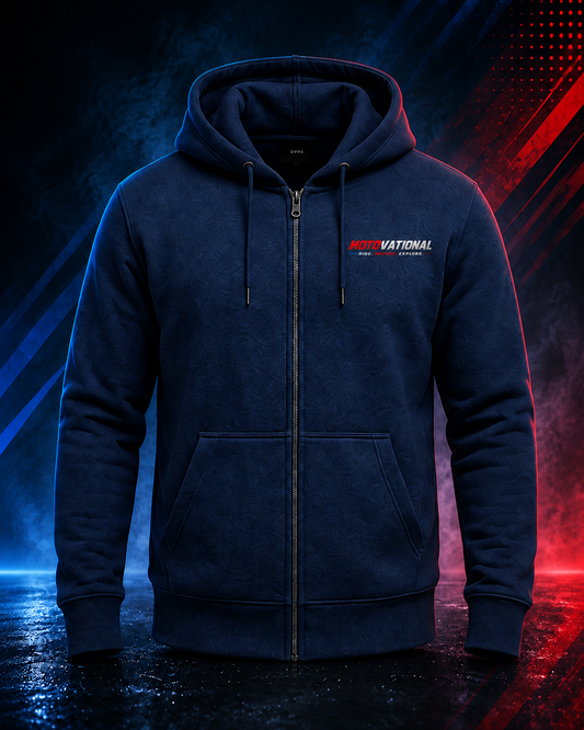 Front view of the Motovational zip-up hoodie in Navy Blue, zipped, hood down, with chest logo and two front pockets