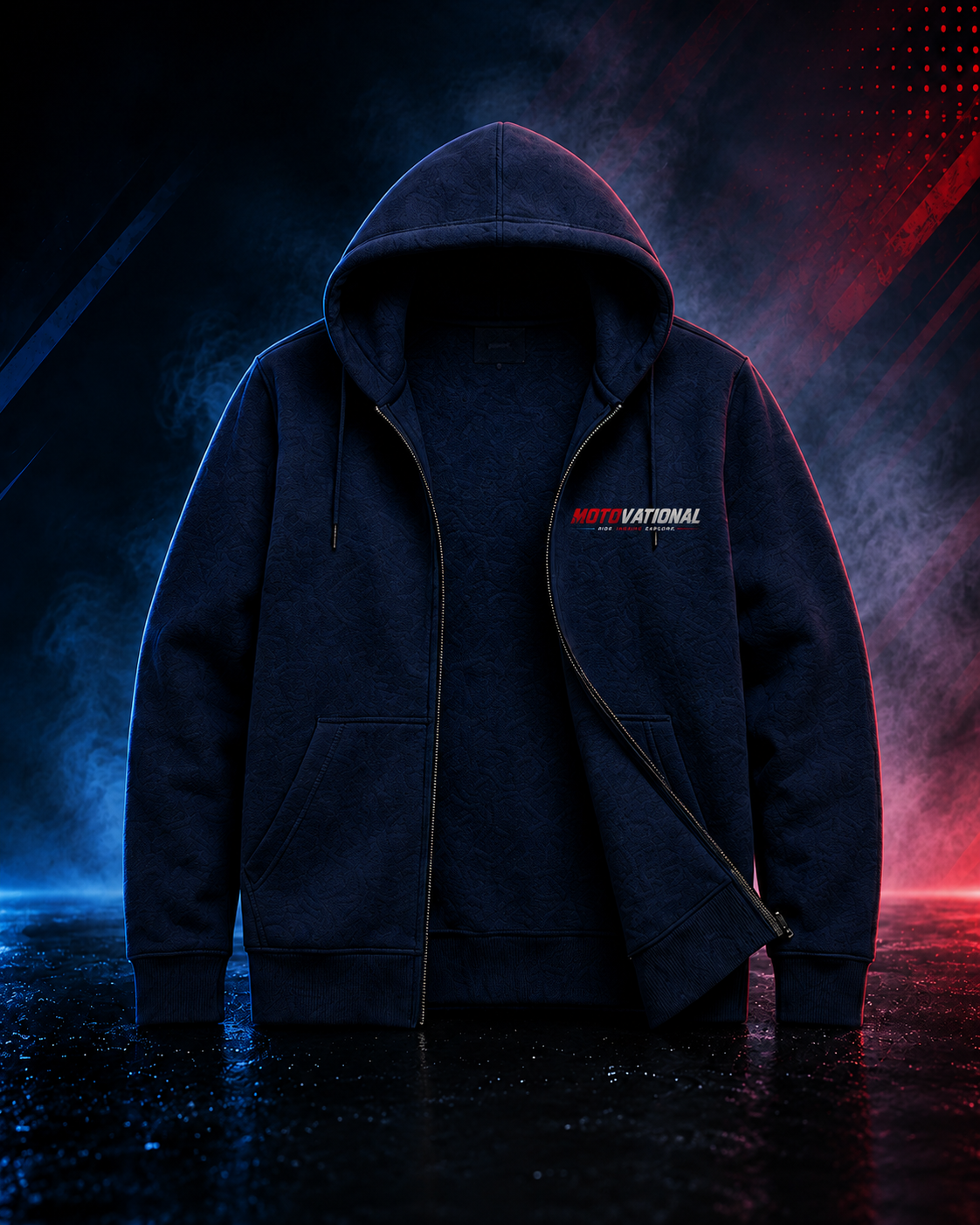 Front view of the Motovational zip-up hoodie in Navy Blue, unzipped to show the inner lining, hood down