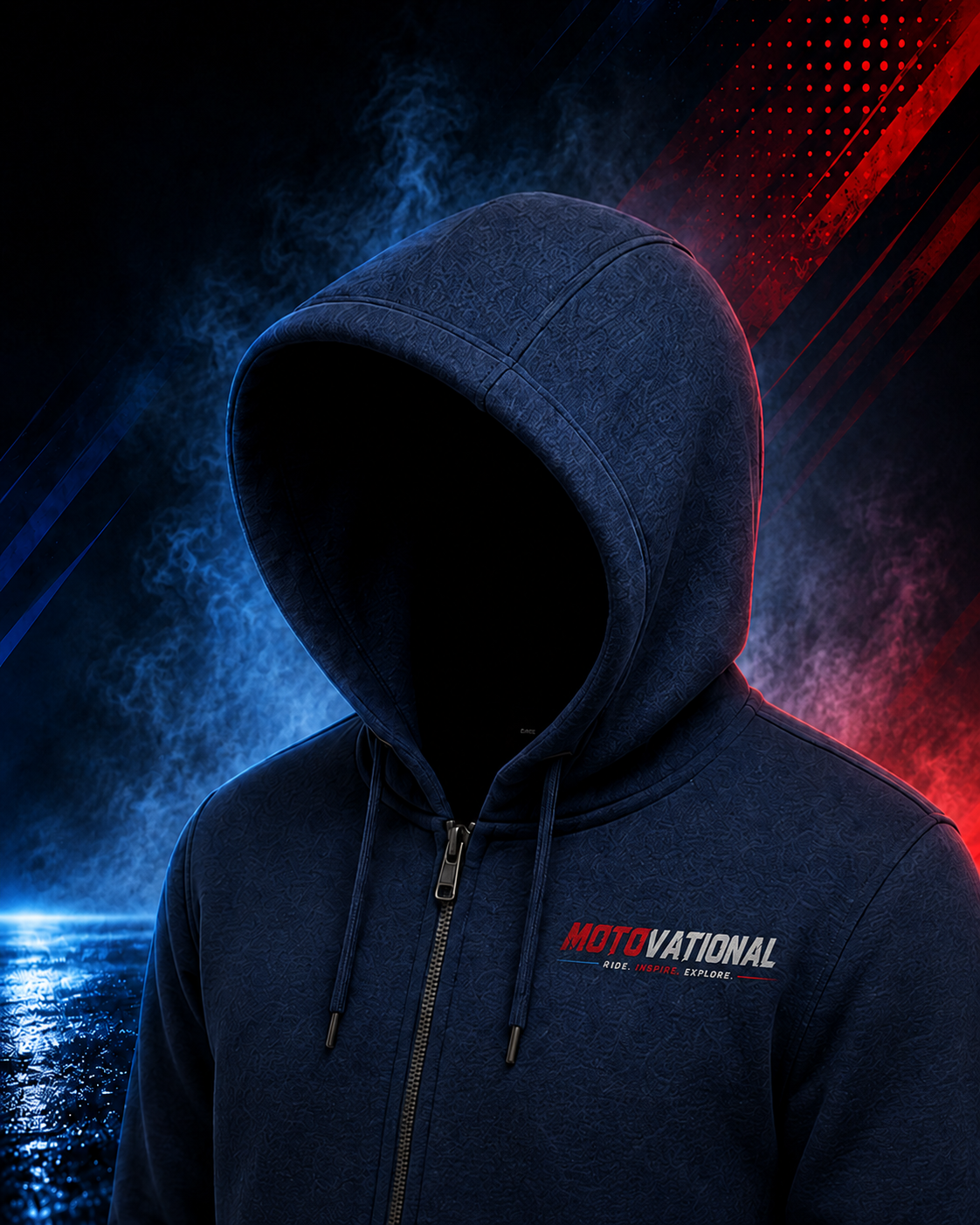 Close-up of the Motovational zip-up hoodie in Navy Blue with the hood up, showing drawstrings, zip and chest logo