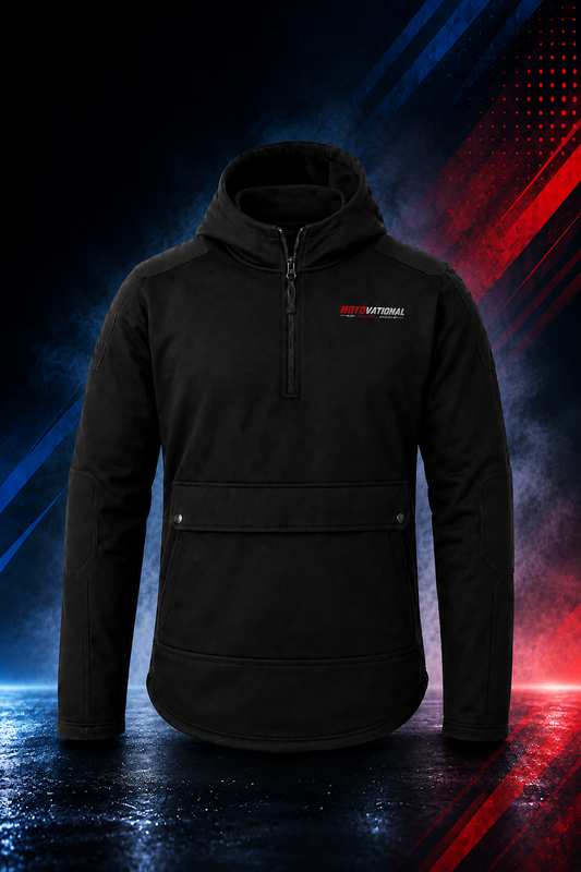 Front view of the Motovational armoured motorcycle hoodie in jet black with quarter zip, chest logo and front pouch pocket