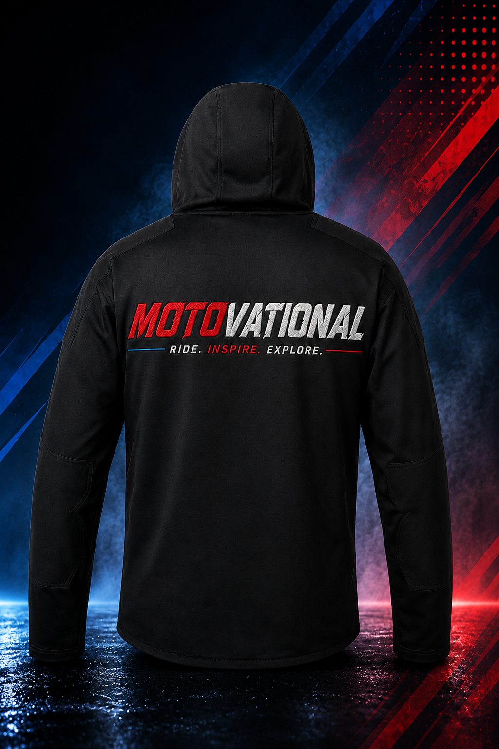 Back view of the Motovational armoured motorcycle hoodie in jet black with the large logo and Ride Inspire Explore print