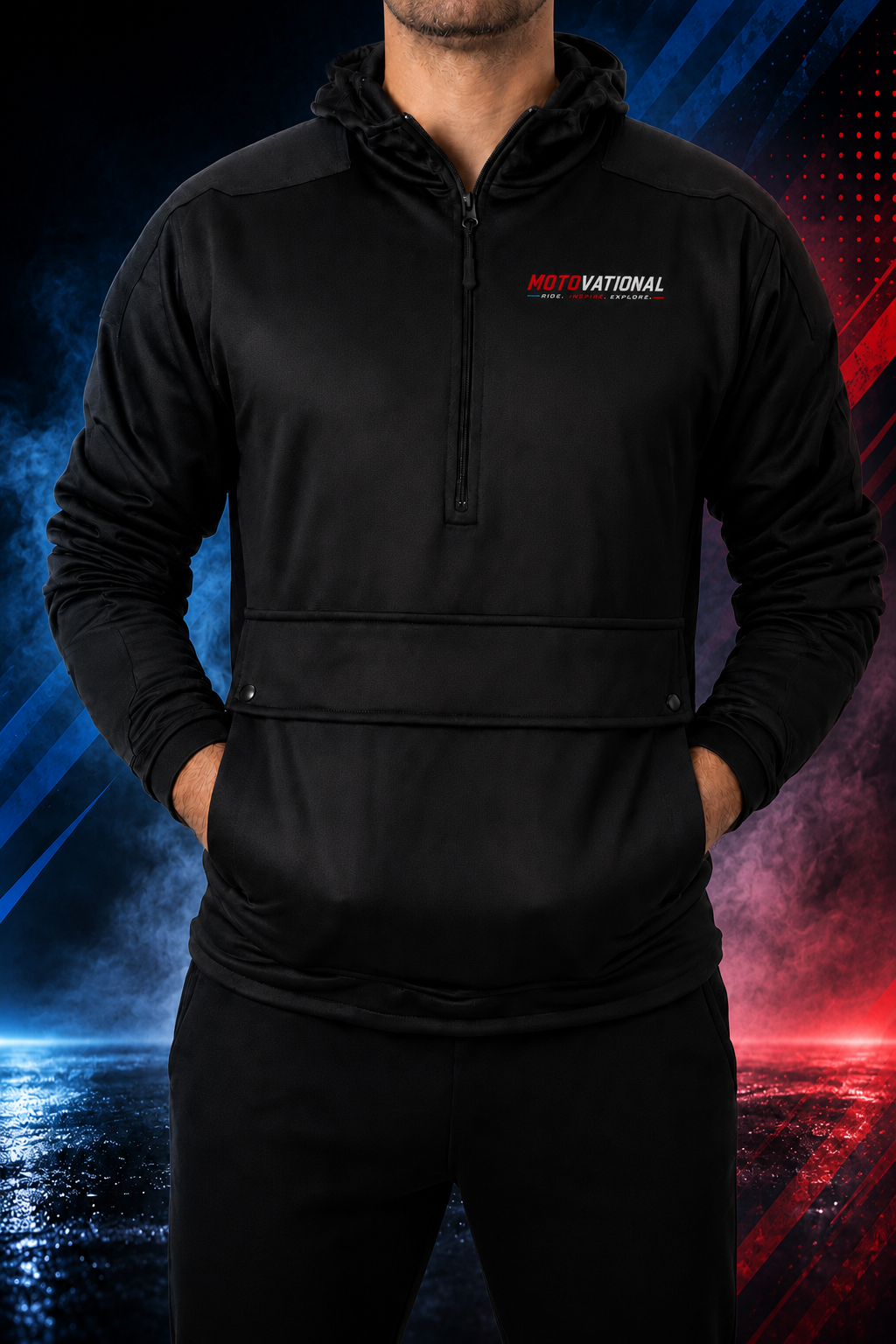 Front view of a man wearing the Motovational armoured hoodie in jet black, hands in the pouch pocket, quarter zip at the neck