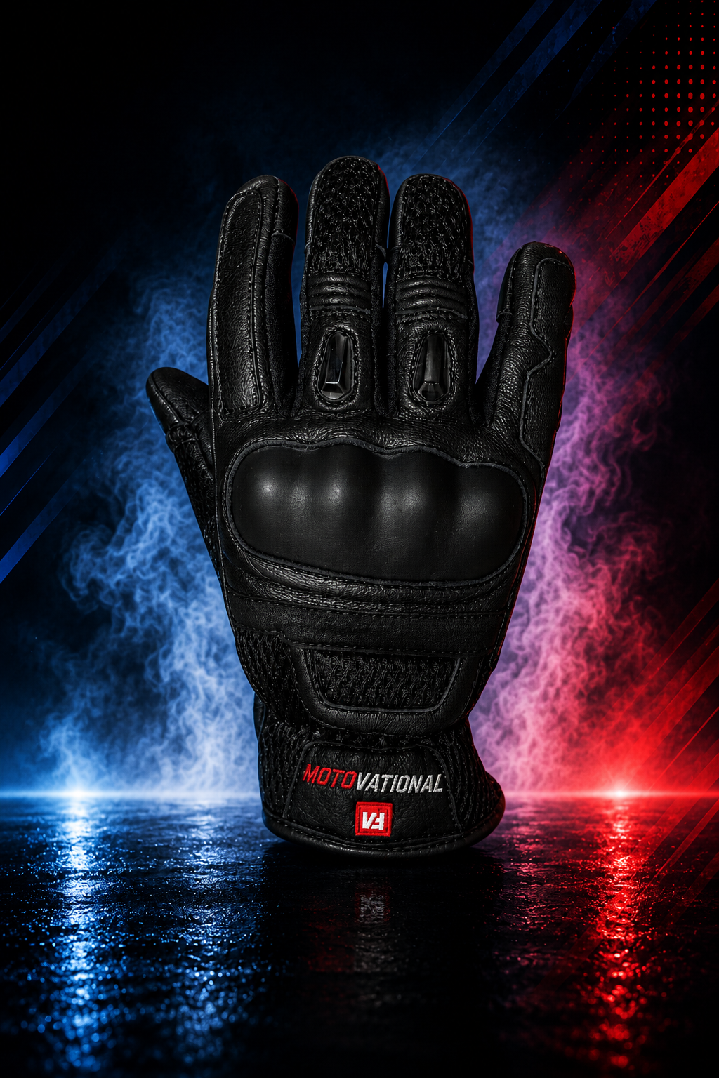Angled back view of the black Motovational armoured leather motorcycle glove with knuckle protection and finger vents