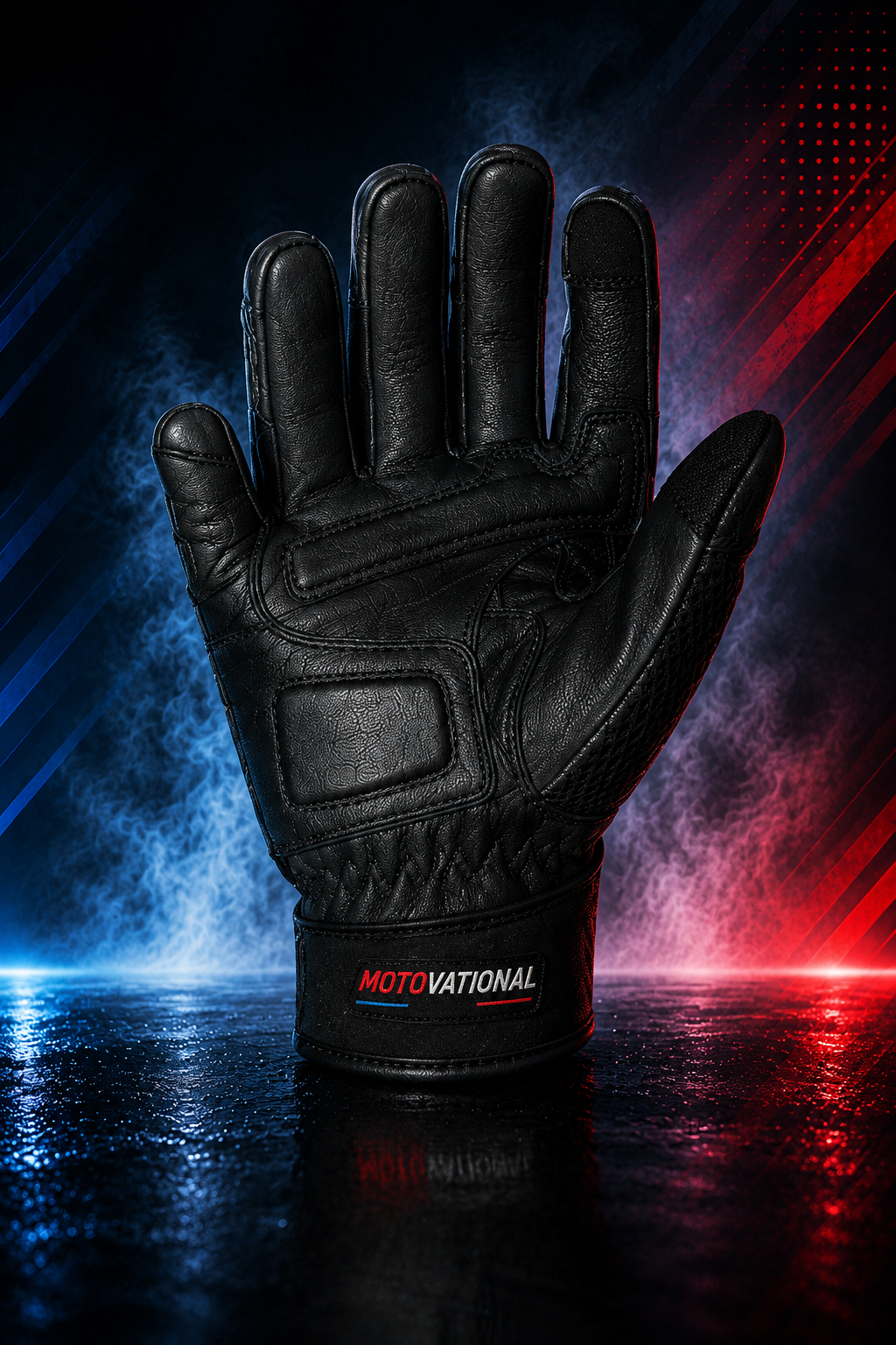 Angled palm view of the black Motovational leather motorcycle glove showing palm padding and the hook-and-loop wrist closure