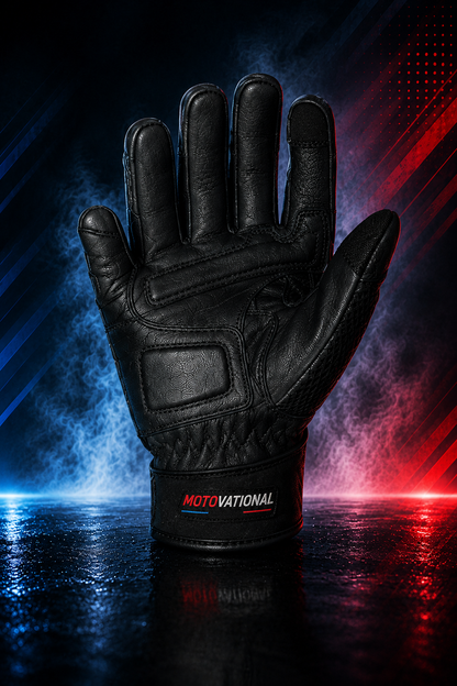 Angled palm view of the black Motovational leather motorcycle glove showing palm padding and the hook-and-loop wrist closure