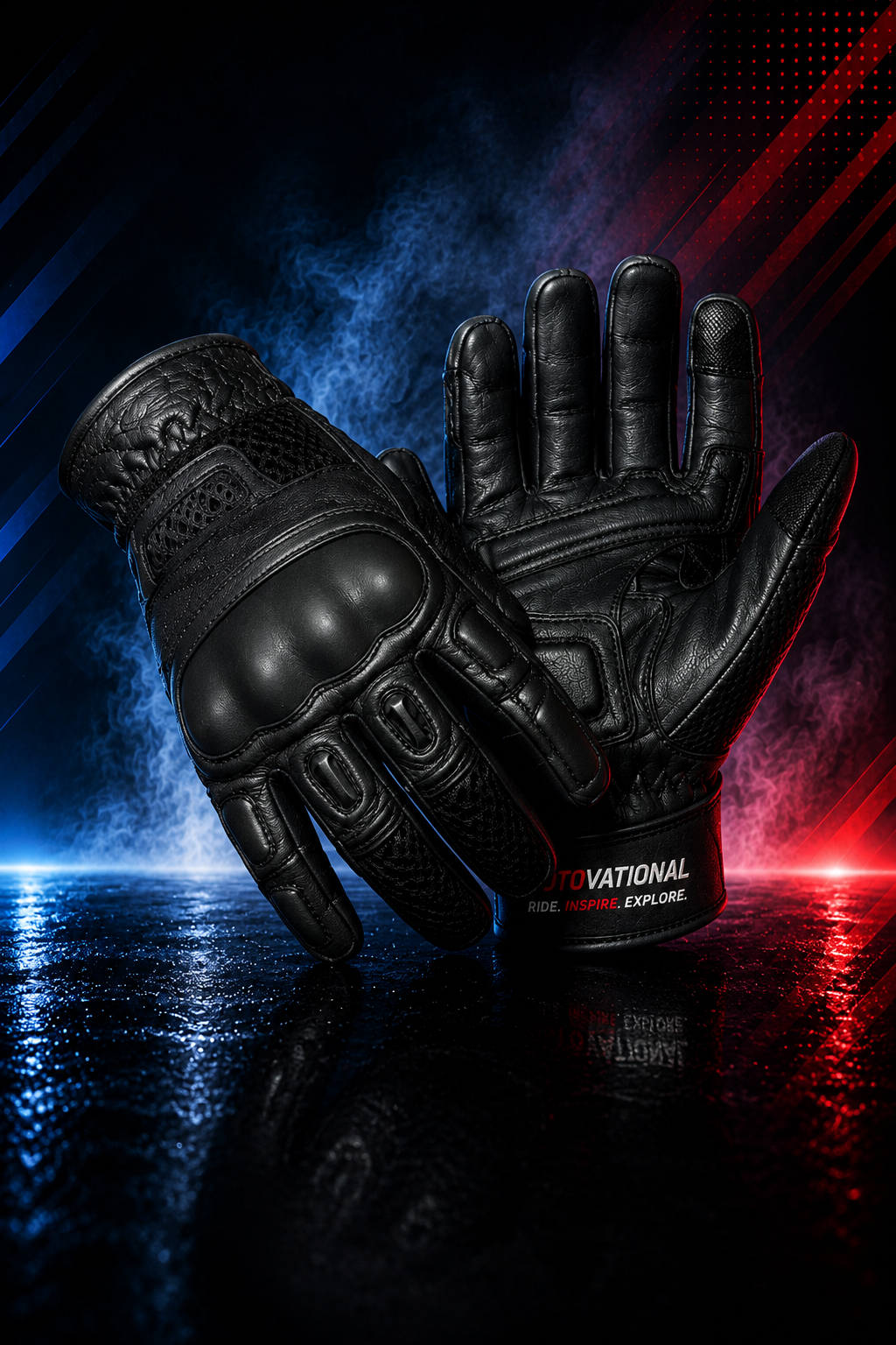 Pair of black Motovational armoured leather motorcycle gloves crossed, showing knuckle armour and perforated vent panels