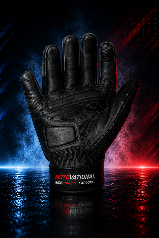 Palm view of the black Motovational armoured leather motorcycle glove showing the reinforced padded palm and wrist cuff
