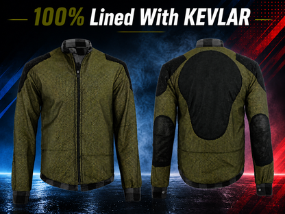 Motovational Kevlar-lined flannel shirt turned inside out, front and back views of the aramid lining and black armour pockets
