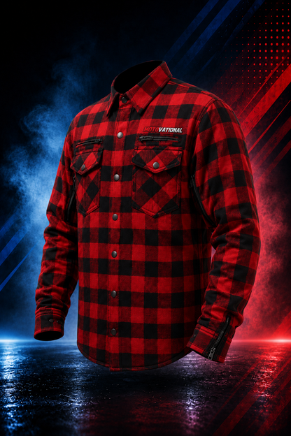 Front three-quarter view of the Motovational Kevlar-lined red and black check flannel shirt, buttoned, with chest logo